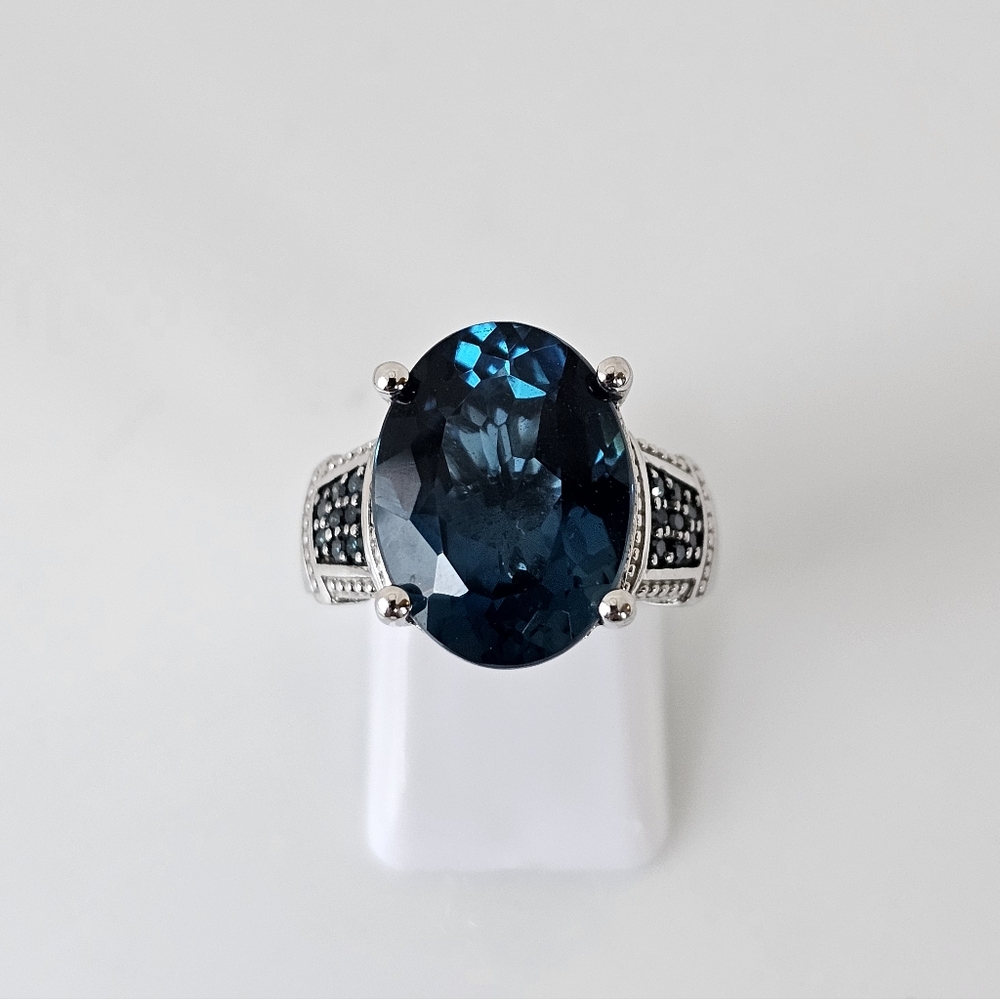 Natural London Blue Topaz & Teal Diamond Ring in Sterling Silver Sz 9! - Picture 16 of 16